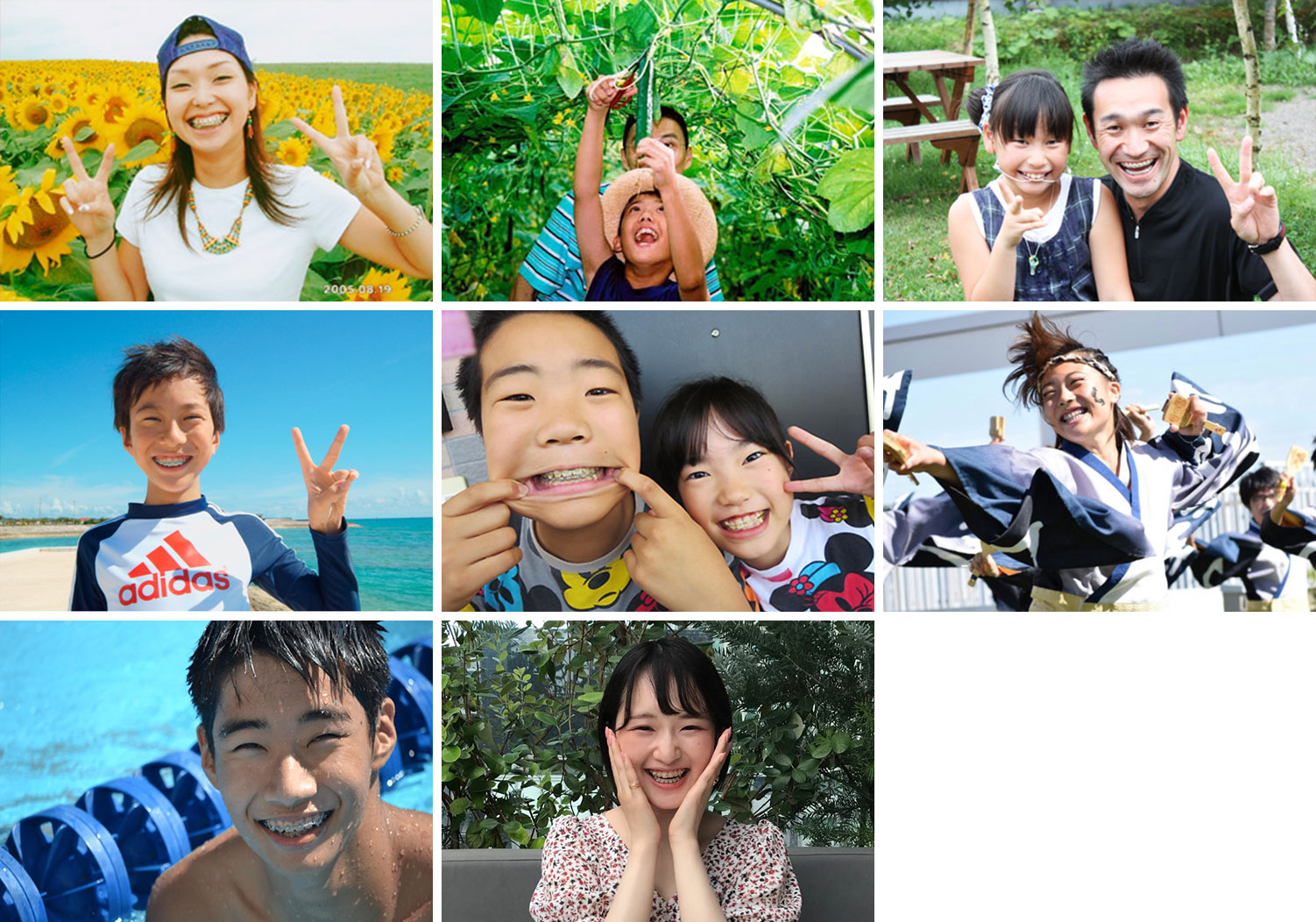 左上から、第1回最優秀賞「向日葵に負けない笑顔で」、第2回最優秀賞「緑の中で輝く笑顔」、第6回最優秀賞「矯正笑顔 バトンタッチ!」、第9回最優秀賞『お口の中もエメラルドグリーン』、 第12回 最優秀賞「地震なんかに負けないぞ」、第13回最優秀賞『踊る!よさこいスマイル♫』、第15回最優秀賞『夏!』、第17回最優秀賞『いただきます!』